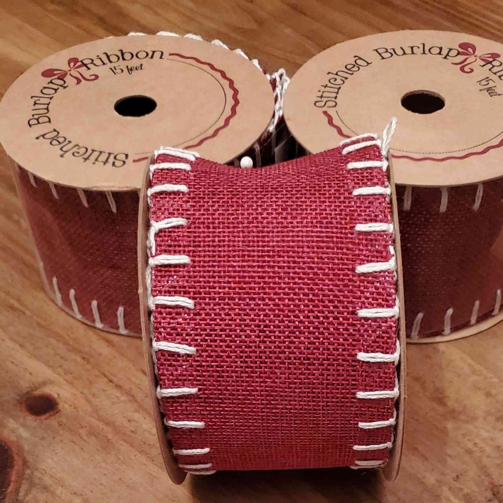 12 Rolls Of Dark Red Burlap Stitched Ribbon | 2.5" x 15' | RRR Home